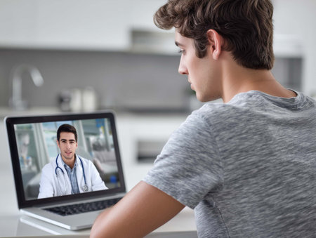 Rear view of young man using laptop with doctor on screen at homeの素材