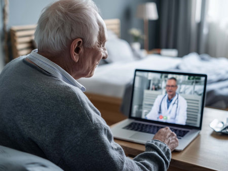 Senior man using laptop while sitting in bed during video call with doctorの素材