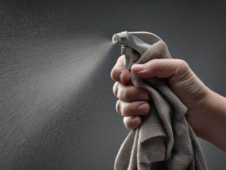 Hand holding a spray gun with cleaning cloth on dark background, Cleaning conceptの素材