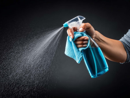 Close up of human hand holding spray bottle with cleaning product on black backgroundの素材