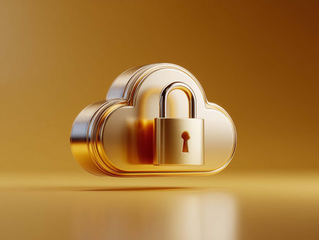 D rendered shiny metallic cloud security symbol isolated on orange background.の素材