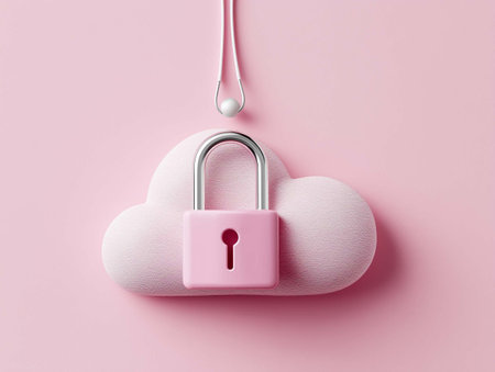 Cloud computing security concept with pink padlock and heart on pink backgroundの素材