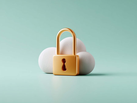 Golden padlock and white balls on green background. 3d illustrationの素材