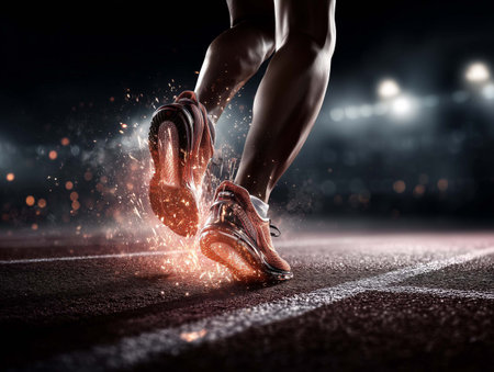 Running race, sprinter at stadium, close up of running shoesの素材