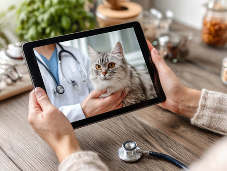 Veterinarian and pet. Cat on the tablet screen in hands.の素材