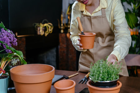 American girl close up gardener owner work on home take care home plants and transplanting plant in flowerpot. Home gardening concept.の写真素材