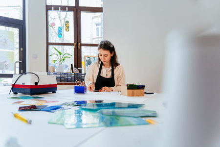 Young female artist working with piece of mirror glass for the stained glass windows in her workspace at worksop. Art creative, handmade concept. Hobbies, arts and crafts concept.の写真素材