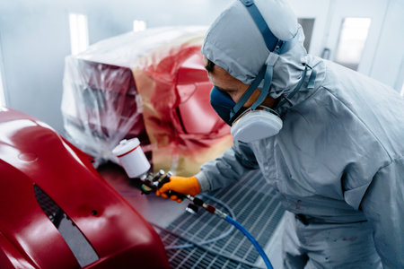 Male car painter in protective clothes and mask painting automobile bumper with red paint and varnish in chamber workshop.の写真素材