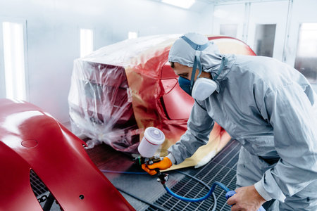 Male car painter in protective clothes and mask painting automobile bumper with red paint and...
