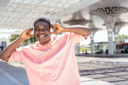 A man wearing headphones and a pink shirt is smiling. He is standing in front of a building. Happy, young African American dancing and enjoying his favorite music outdoorsの写真素材