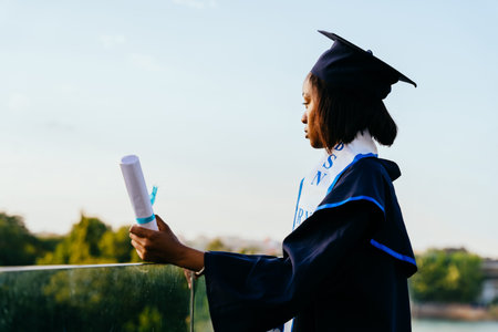 Portrait of sad tired African American graduated student girl holding diploma on her graduated day...