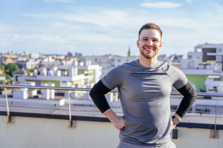 Portrait of smiling bearded sporty handsome man going to workout Gym or yoga practice Fitness male enjoy goal.の写真素材