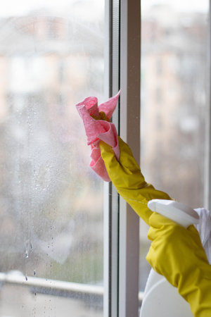 A woman in yellow gloves washes the window with a sponge.