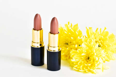 Decorative cosmetics. Pink lipstick and yellow chrysanthemum flowers on a white background. Place for text. Beauty concept.の写真素材