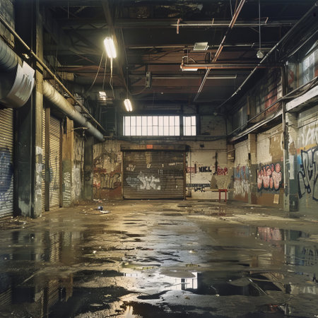 Abandoned industrial building with graffiti on the walls and floor.の素材