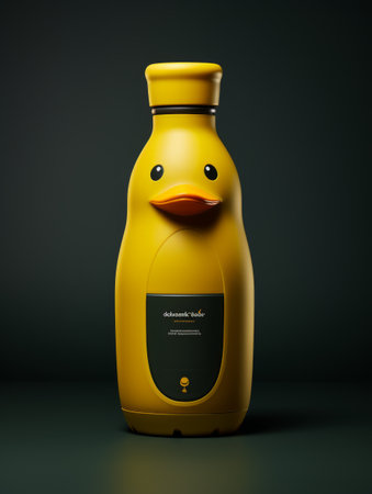 3d rendering of a yellow plastic duck on a dark background.の素材