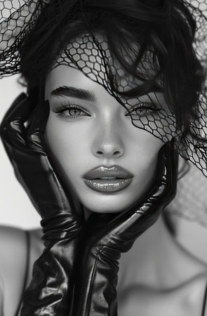 Black and white portrait of beautiful young woman with black veil on her headの素材