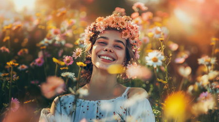Portrait of a beautiful young woman in a field of daisiesの素材