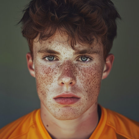 Portrait of a red-haired boy with freckles on his faceの素材
