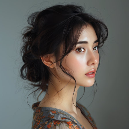 Portrait of a beautiful young asian woman with dark hair.の素材