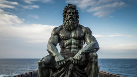 Statue of a muscular man on the background of the sea.の素材