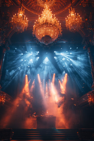 Stage Spotlight with Laser rays and smoke on the stage. Lighting effect.の素材