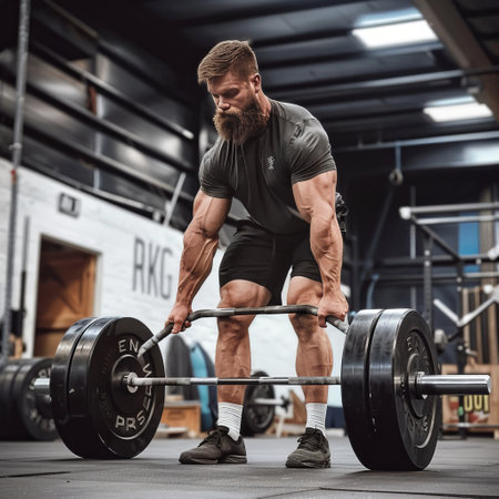 Handsome bearded man lifting a heavy barbell in a gymの素材