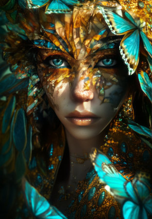 Fantasy portrait of a beautiful woman with butterfly make-up.の素材