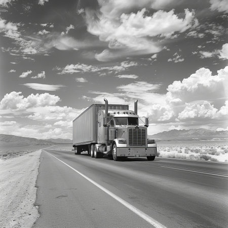 A modern semi-trailer truck on the road in the desertの素材