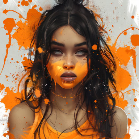 Portrait of a beautiful girl with orange paint on her face.の素材