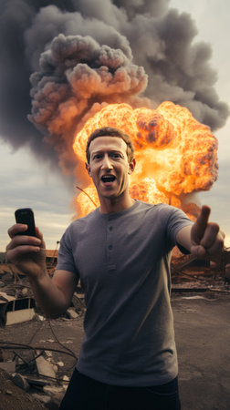 A man with a mobile phone in his hands is standing on the background of a huge explosion.の素材
