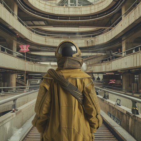 A man in a helmet and a yellow jacket stands in the center of the city.の素材