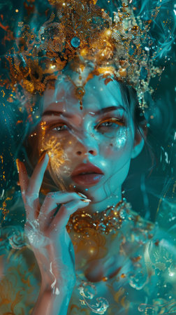Portrait of a beautiful woman with creative make-up in waterの素材