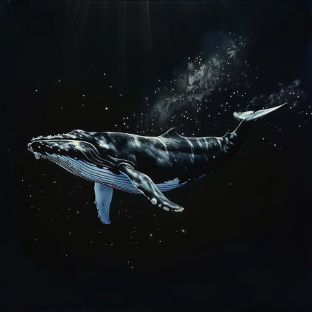Humpback whale in the night sky. 3D illustration.の素材