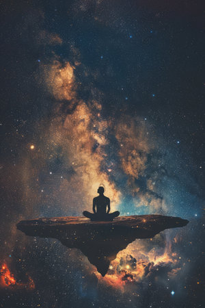 Man meditating on the edge of a mountain in the space.の素材