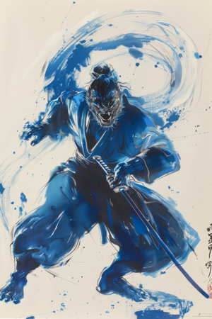 Watercolor illustration of a Japanese samurai in a blue dress with a sword.の素材