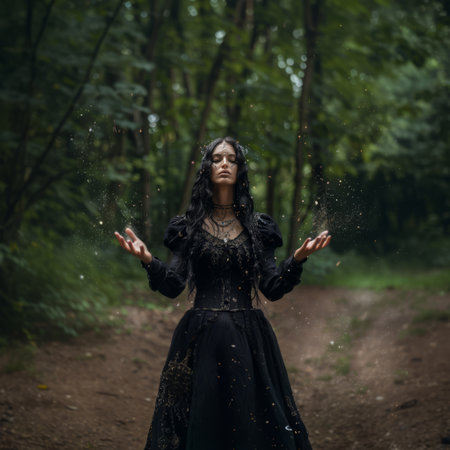 Portrait of a beautiful woman in a black dress in the forestの素材
