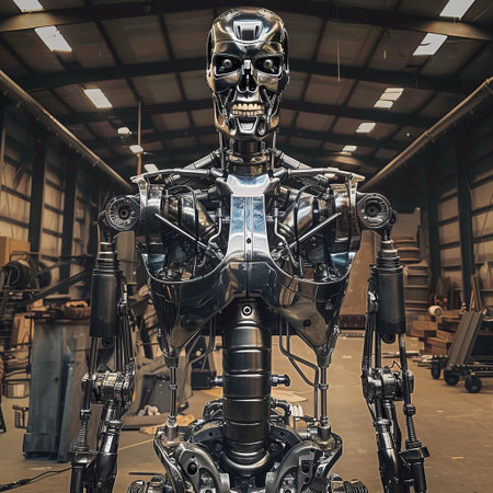 Artificial intelligence robot in the factory. 3d rendering toned imageの素材