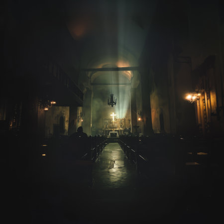 Church interior at night with fog and lights. Silhouette of a woman praying in the church. Selective focusの素材