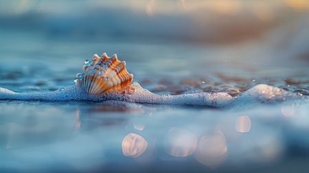 Seashell on the beach in the morning. Beautiful natural backgroundの素材