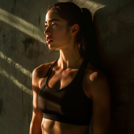 Portrait of a beautiful young woman in sportswear against the wall.の素材
