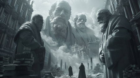 Fantasy scene with ancient statues in the background. 3d renderingの素材