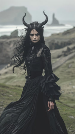 Woman in black gothic dress with horns on the background of the seaの素材