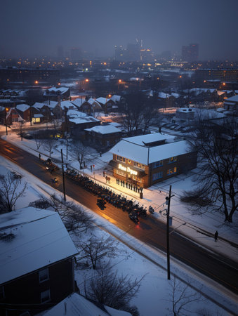 Aerial view of the city at night in winter, Poland.の素材
