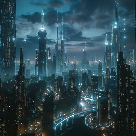 Futuristic city at night, 3D rendering. Computer digital drawing.の素材