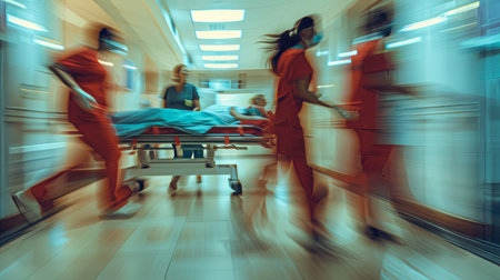 Ambulance and doctors in a hospital corridor. Intentional motion blurの素材