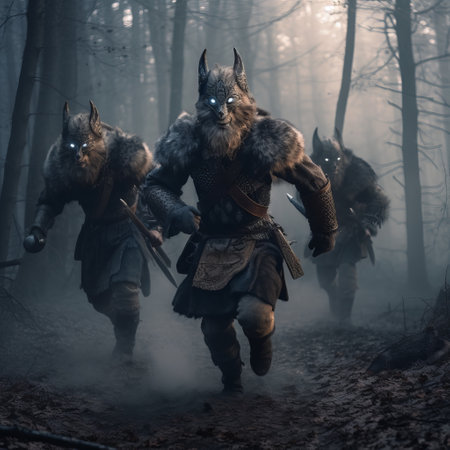 Medieval knight in the dark forest. Fantasy medieval scene. Selective focus.の素材
