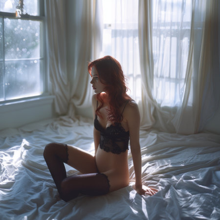Sexy young woman in black lingerie sitting on the bed.の素材