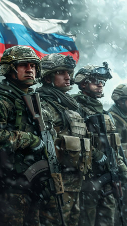 Soldiers of the Russian army on the background of the flag of Russiaの素材