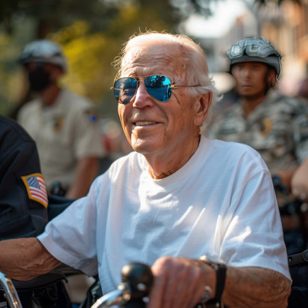 Portrait of a senior man on a motorbike.の素材